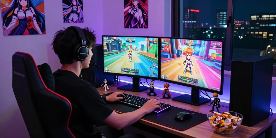 Gamer playing an ecchi game on dual monitors with anime graphics in a vibrant gaming setup.