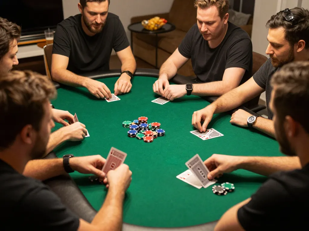 Friends enjoying a competitive poker night with Rik vip atmosphere and chips scattered around