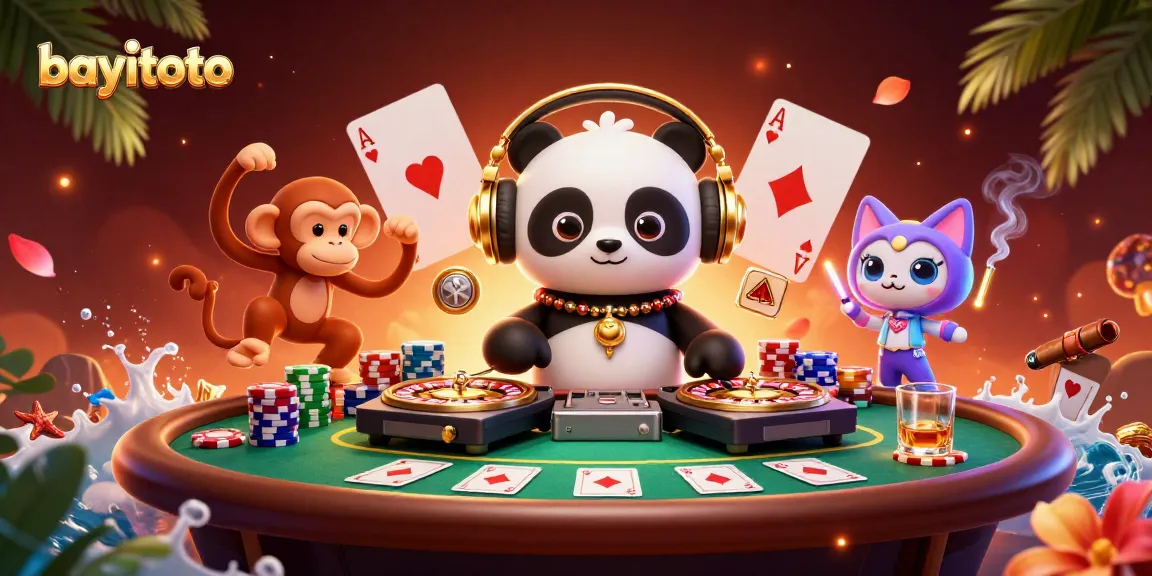 Bayitoto showcases vibrant casino scene with DJ panda, poker chips, and lively characters.