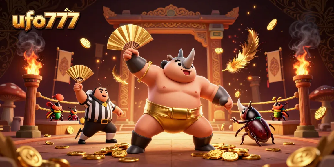 Engage in thrilling gameplay with ufo777 as the rhinoceros beetle champion crushes gold coins in a dynamic casino scene.