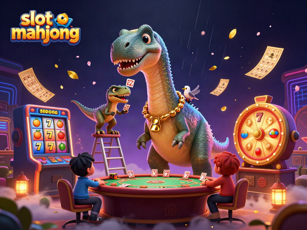 Engage with slot mahjong through a vibrant 3D casino scene featuring dynamic characters and gaming elements.