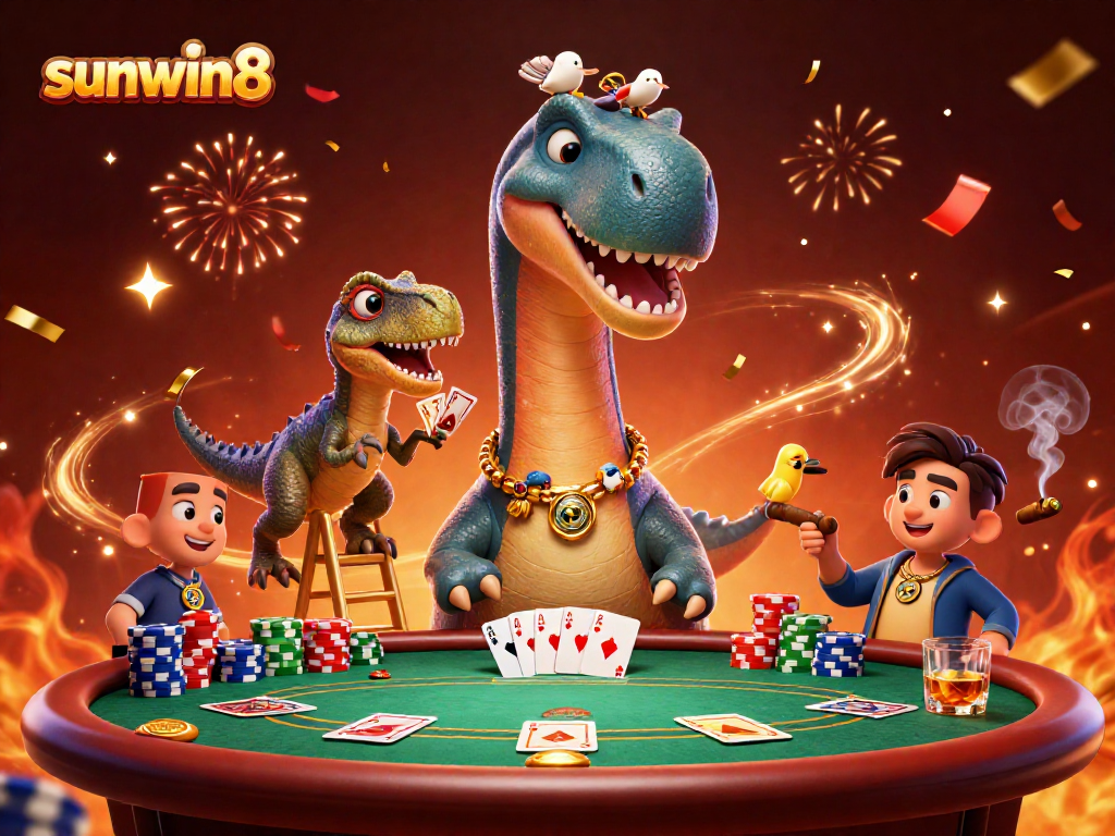 Experience thrilling poker action with sunwin8, as dinosaurs and raptors deal cards in a lively casino scene.
