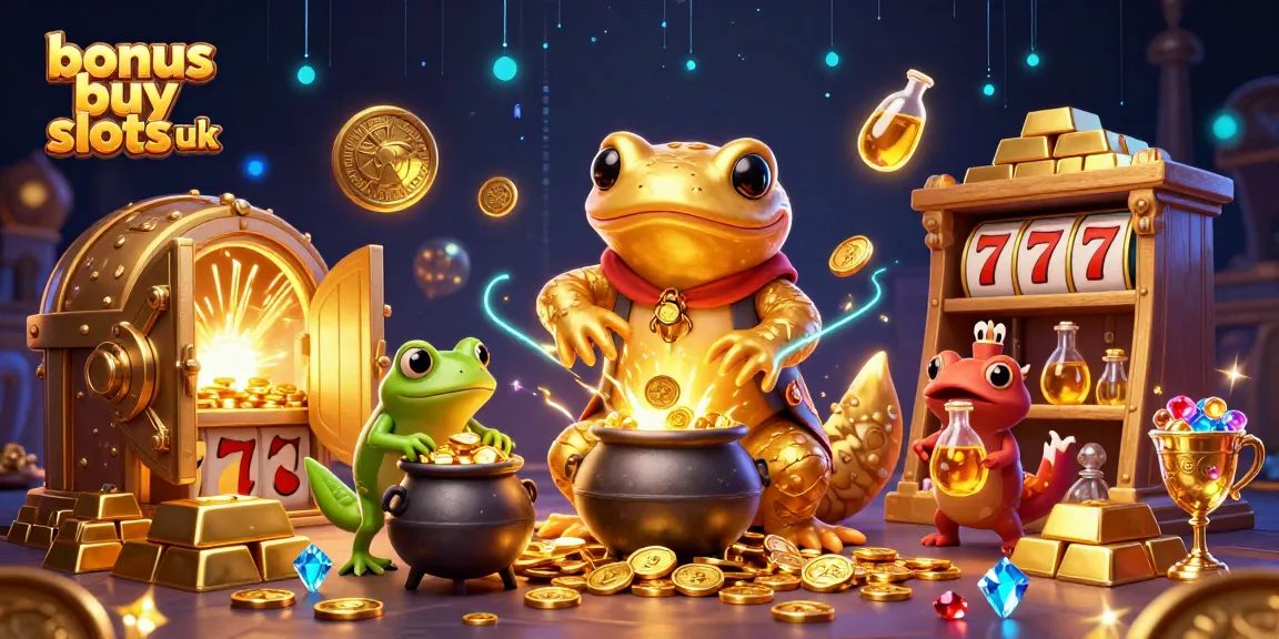 Experience bonus buy slots uk with gold coins and vibrant slot reels in this dynamic casino-inspired illustration.
