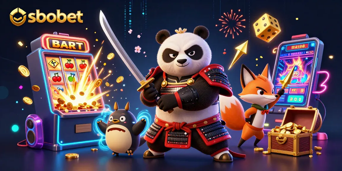 SBOBET sports betting scene with samurai panda, ninja fox, and magical tanuki, featuring vibrant casino elements.