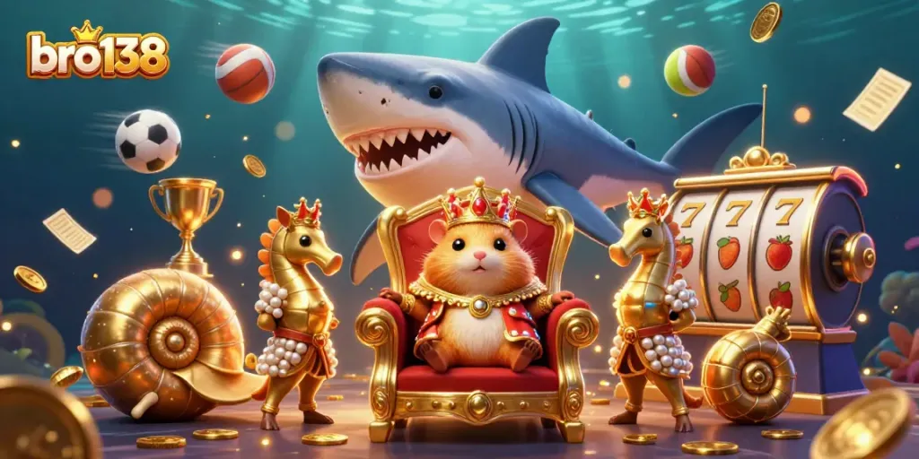 Experience gaming excitement with bro138's vibrant 3D casino illustration showcasing thrilling slots and golden riches.