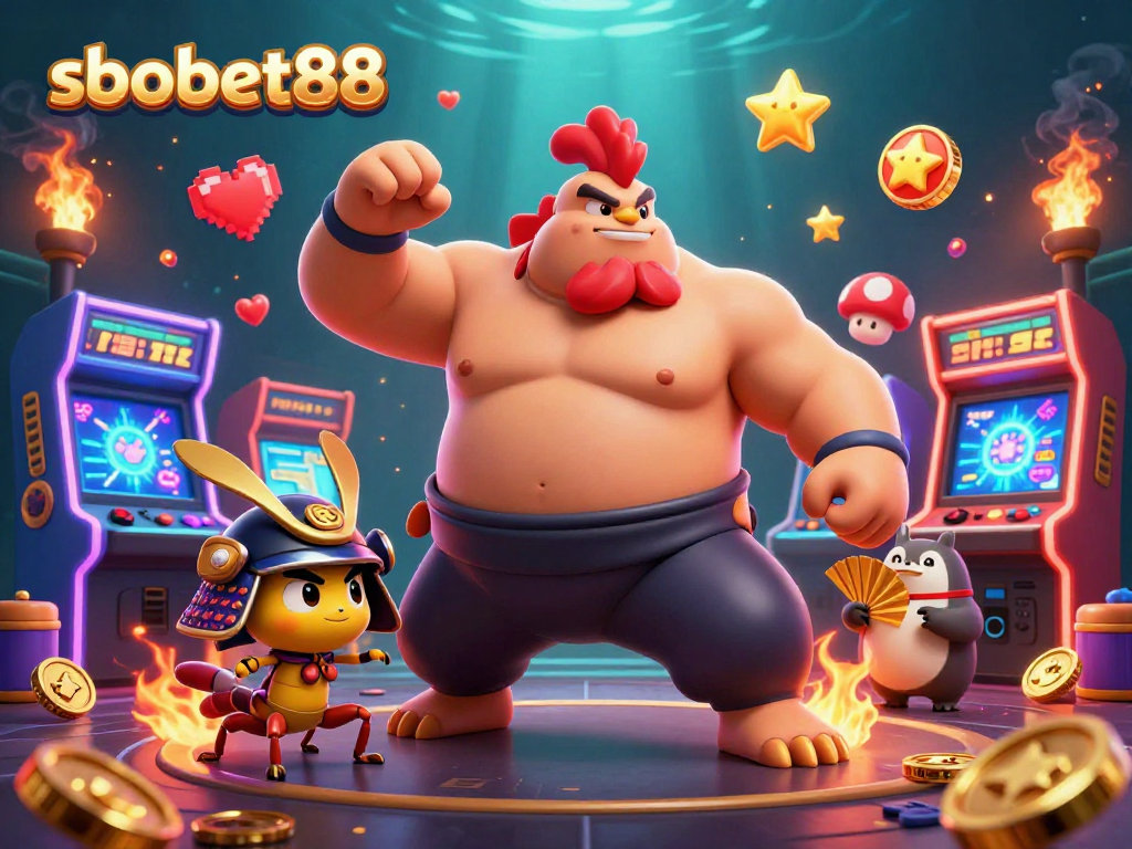 sbobet88 showcases a powerful sumo wrestler rooster, a fierce samurai cricket, and an announcer in a vibrant casino scene.