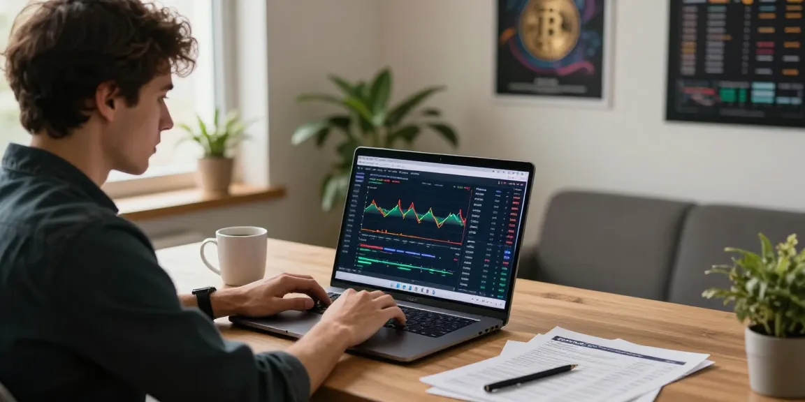 Трейдер, изучающий bitmex отзывы на своем ноутбуке с графиками и аналитикой.