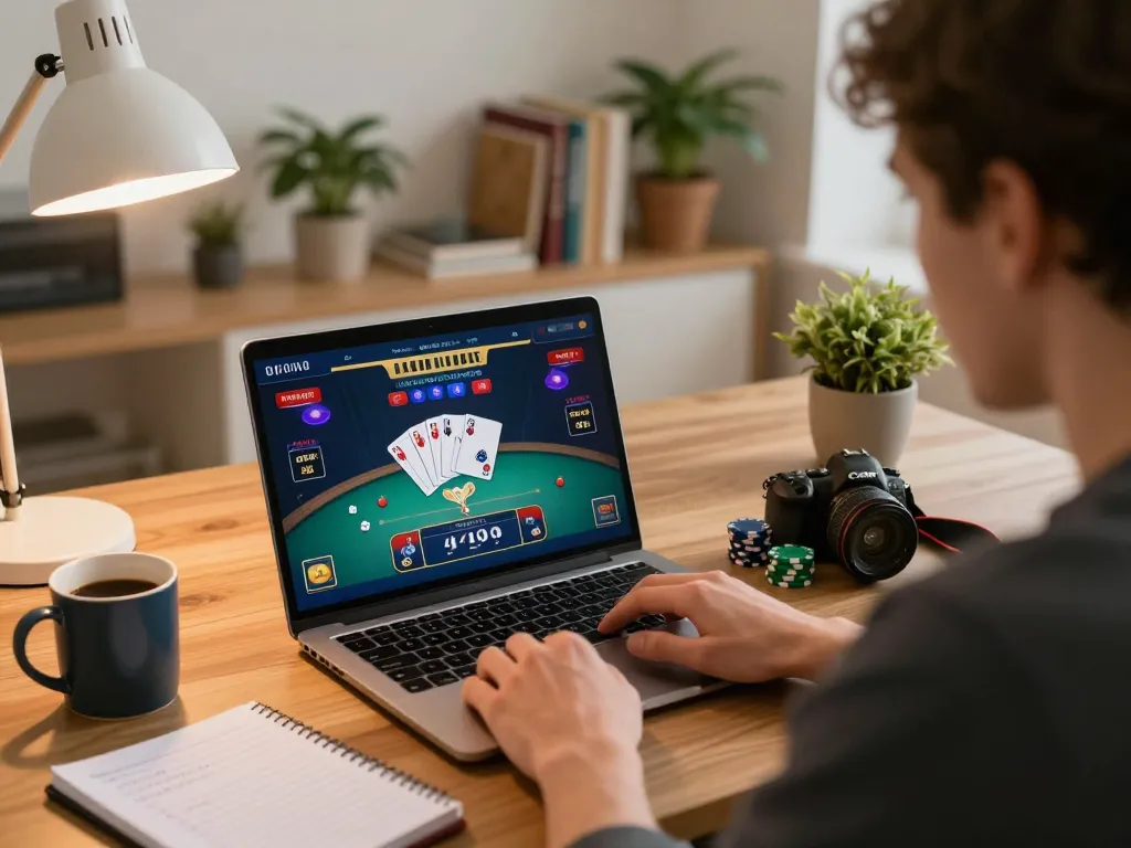Engaging with energileisureparks online poker gaming, player immersed in strategy with cards and notes