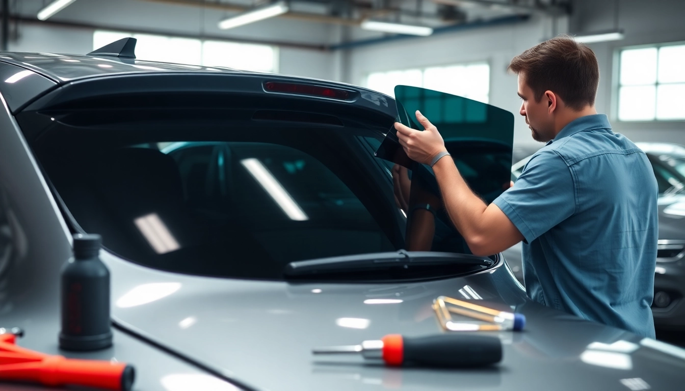 Apply auto window tint near me with a skilled technician in a modern garage.