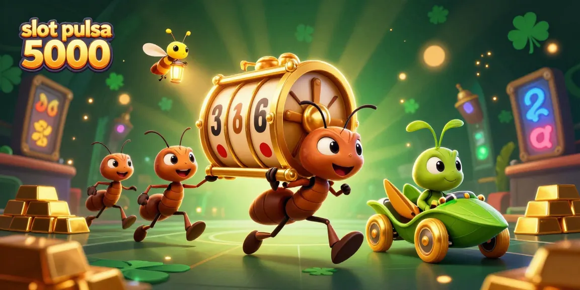 Menangkan slot pulsa 5000 dengan slot simbol berkilau dalam ilustrasi kasino 3D yang penuh warna.