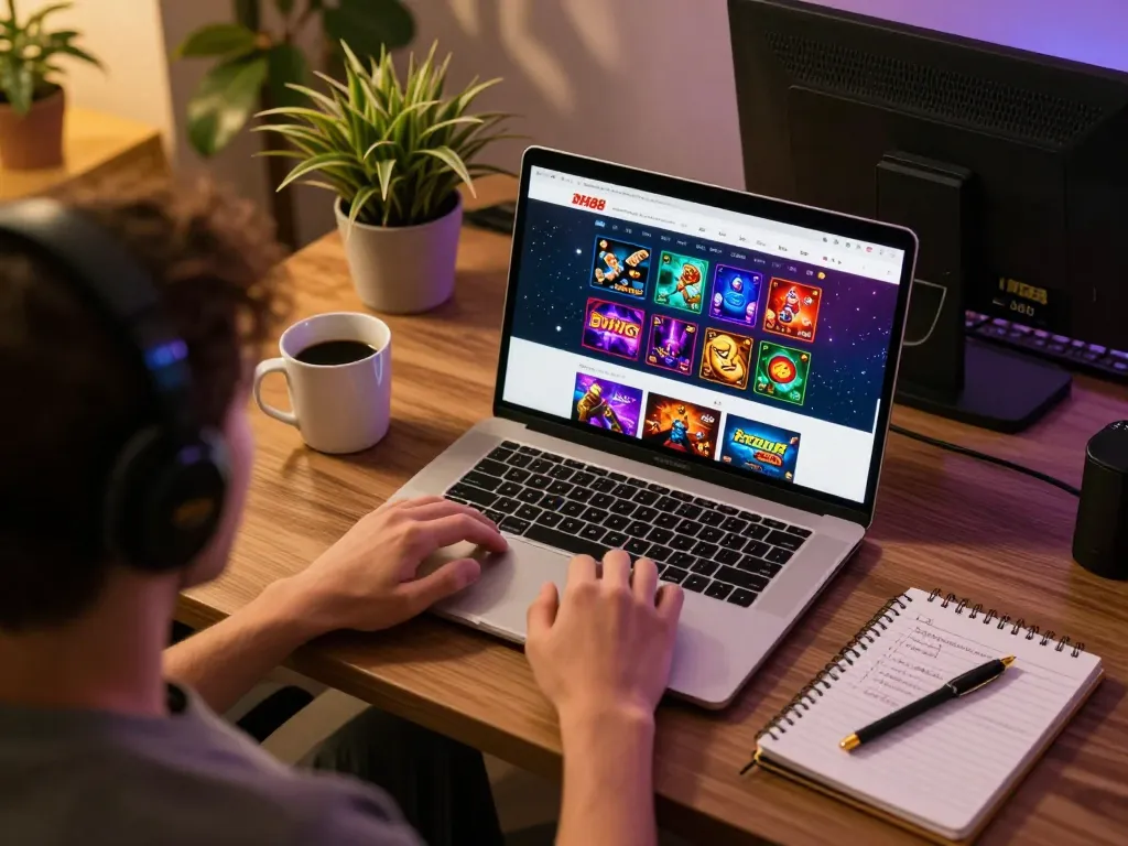 Engaging with dh88 casino online on a laptop, showcasing colorful game interface and cozy atmosphere.
