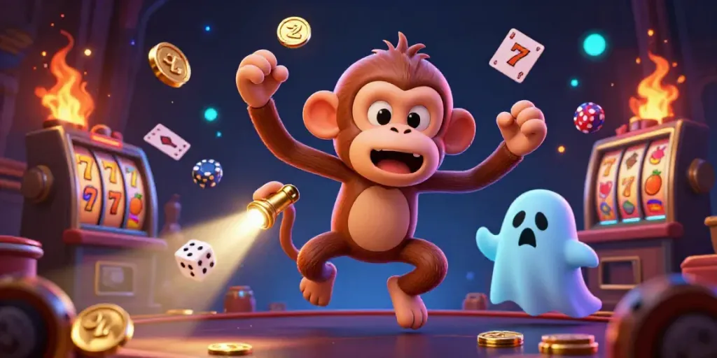 Slot online dengan permainan slot penuh warna dan karakter kartun yang misterius sedang bermain di kasino.