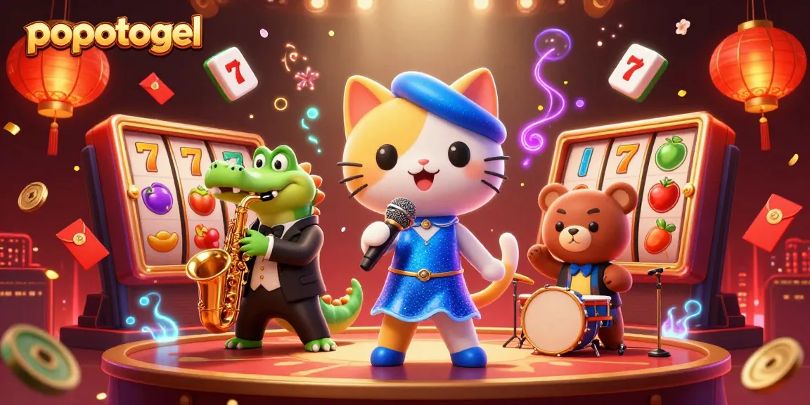 Engage in thrilling gameplay with popotogel, featuring vibrant slot reels and dynamic characters.