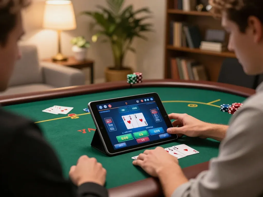 Engaged player at GO88 tablet poker game demonstrating strategic betting excitement at home