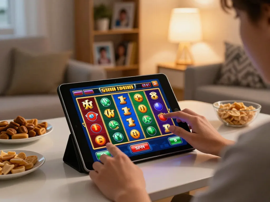 Enjoying a dramatic reel spin on a cm888 online slot game in a cozy home setup.