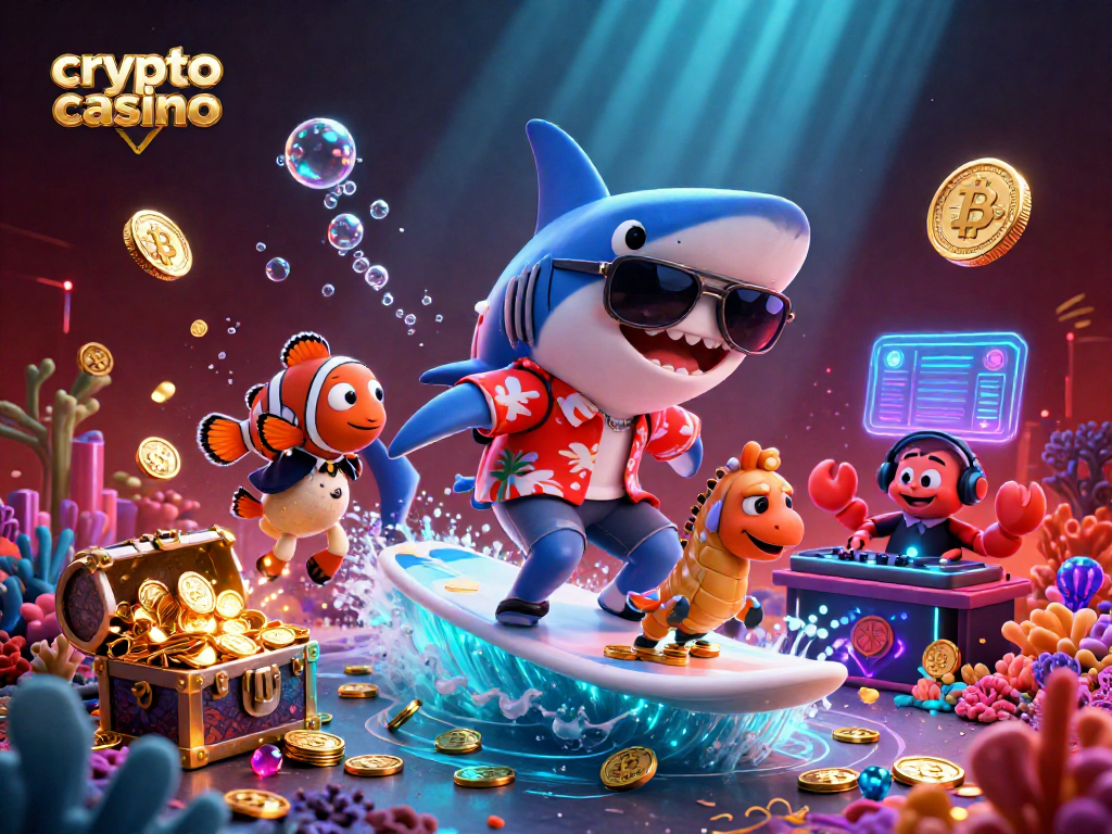 Dynamic scene of a crypto casino showcasing vibrant characters in a playful underwater setting.