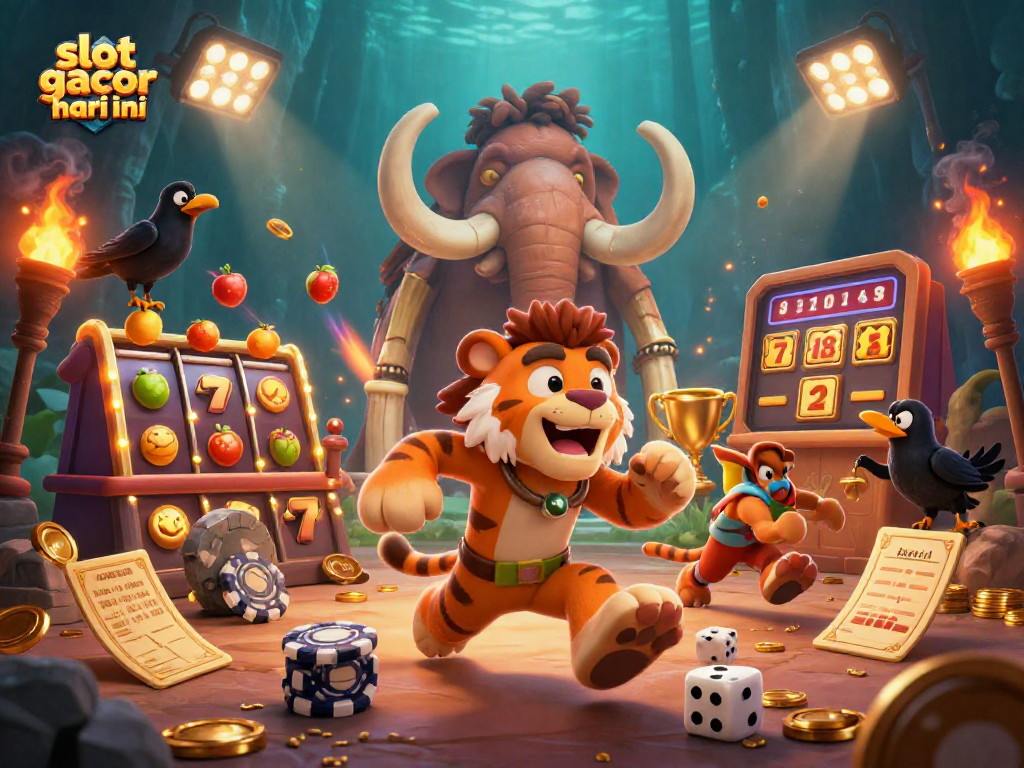 Gambarkan slot gacor hari ini dalam ilustrasi 3D dari karakter gua, harimau sabertooth, dan burung gagak menjaga skor.