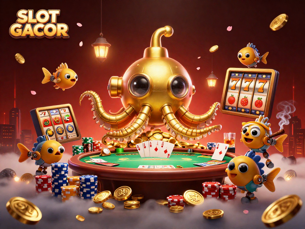 SLOT GACOR showcases an energetic 3D cartoon scene featuring a golden kraken submarine amid golden coins and dynamic gambling elements.