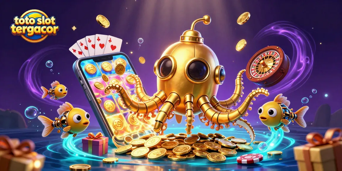 Experience thrilling adventure with toto slot tergacor featuring a golden kraken submarine amidst golden coins and vibrant gaming elements.