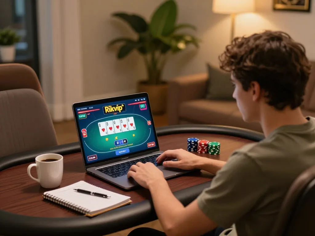 Tham gia vào trò chơi poker hấp dẫn của Rikvip trên laptop, trình bày chiến lược chơi game trực tuyến.