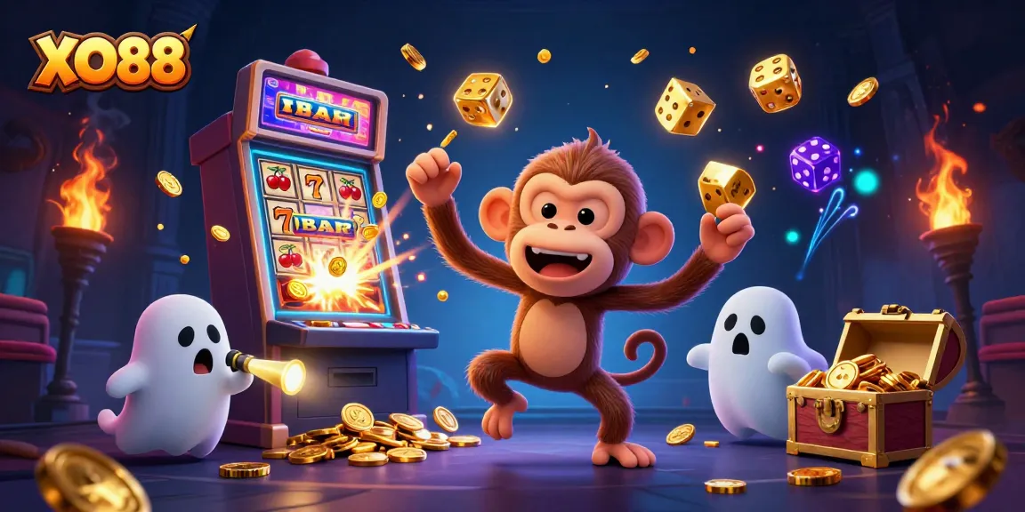 Experience exciting gaming action at XO88 with a fun illustration of a mischievous ghost monkey in a casino.