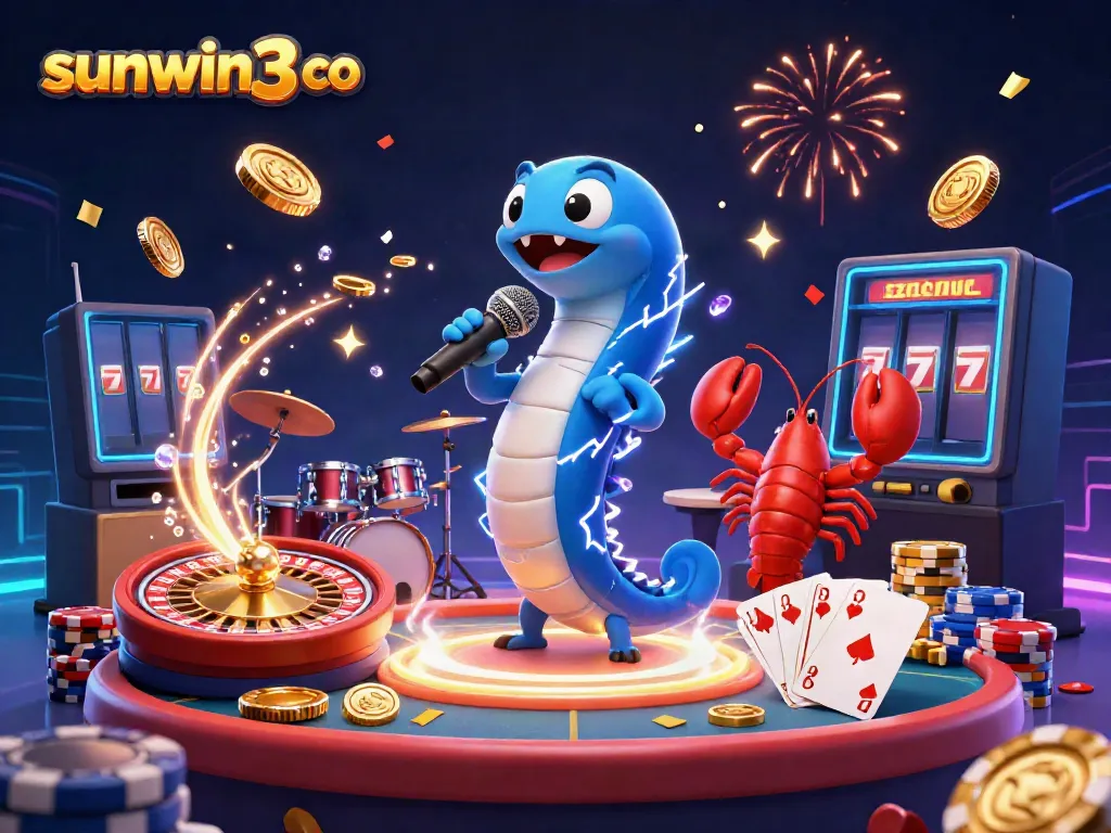 Experience the thrilling underwater performance of sunwin3 co as an electric eel DJ with colorful casino elements.
