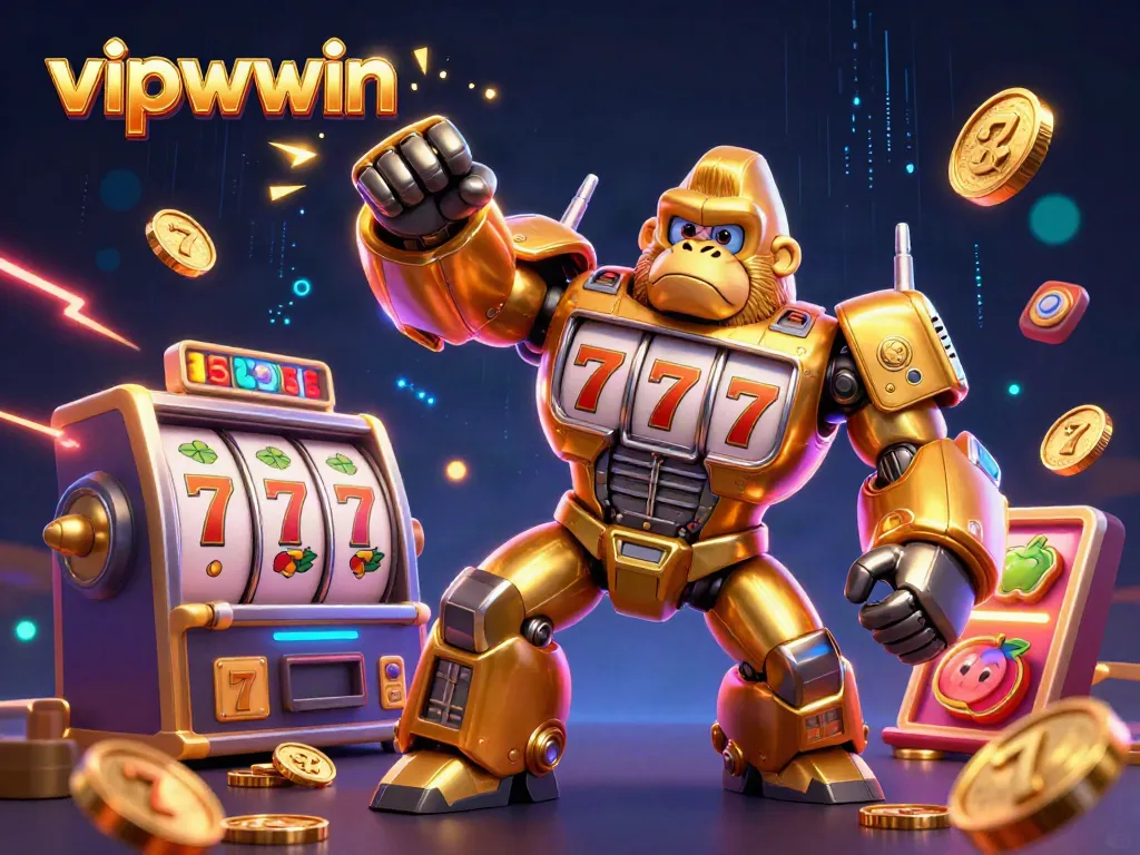 Experience thrilling wins with vipwwin as a golden gorilla mech embodies slot machine excitement.