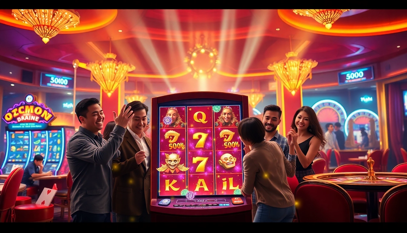 Excited players enjoying QQMacan slot games in a luxurious casino setting with vibrant colors.