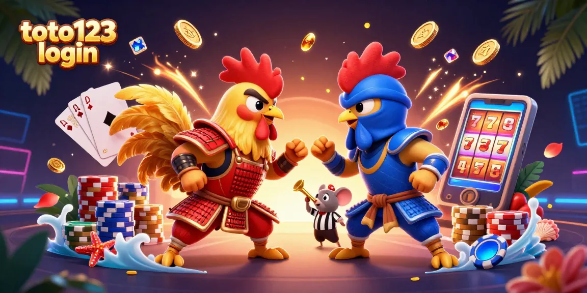 Experience the excitement of gambling with toto123 login featuring cartoon roosters in a lively casino setting.