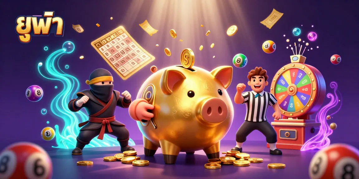 Experience the thrill at ยูฟ่า with a dynamic scene of a golden piggy bank sumo wrestler surrounded by vibrant lottery balls and prizes.
