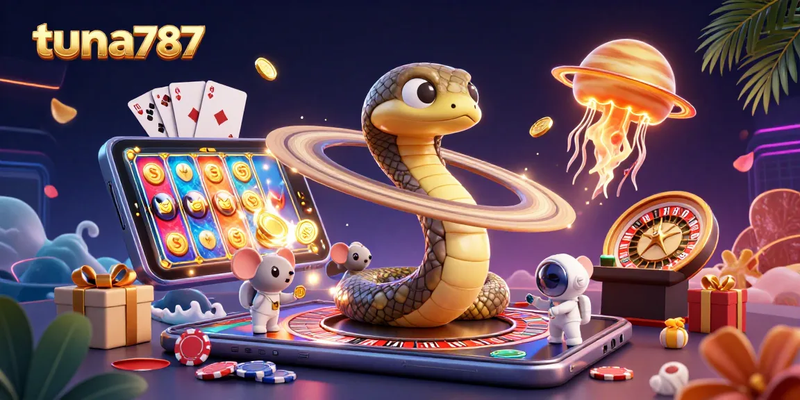 Tuna787 menciptakan pengalaman bermain dengan simbol slot, koin emas, dan karakter unik dalam ilustrasi 3D.