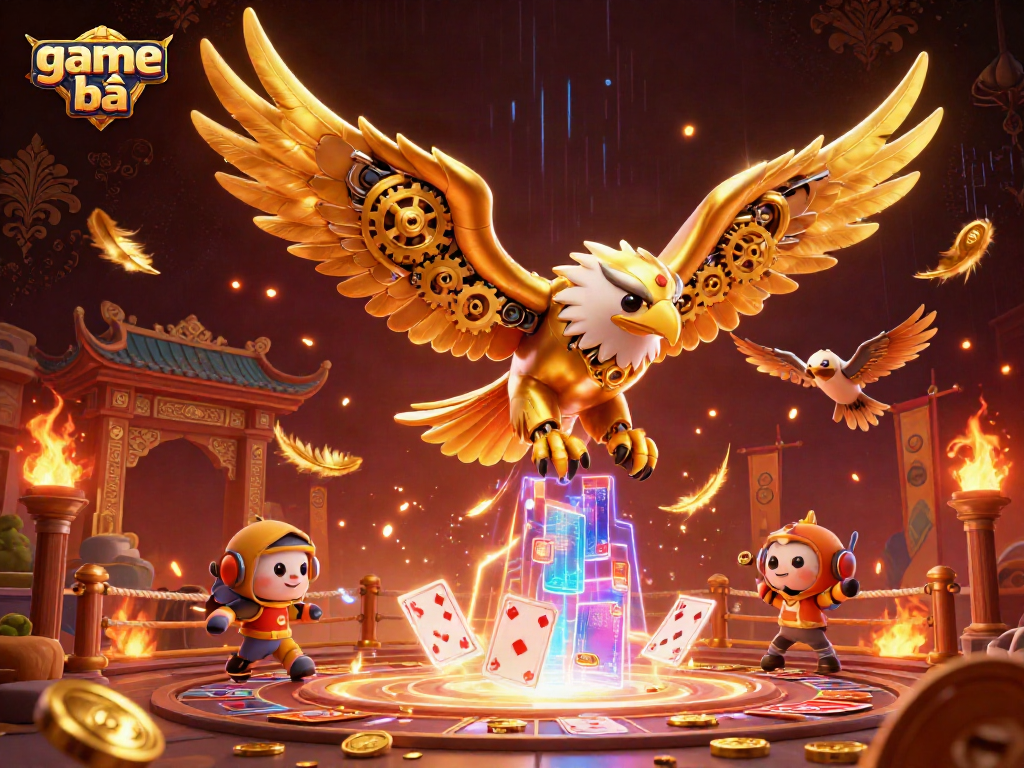Engaging game bài scene featuring a cybernetic golden eagle diving through holographic cards.
