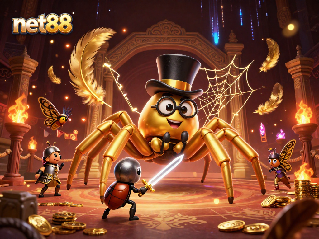 Experience thrilling net88 games with a colorful 3D casino scene featuring a brave little beetle knight.