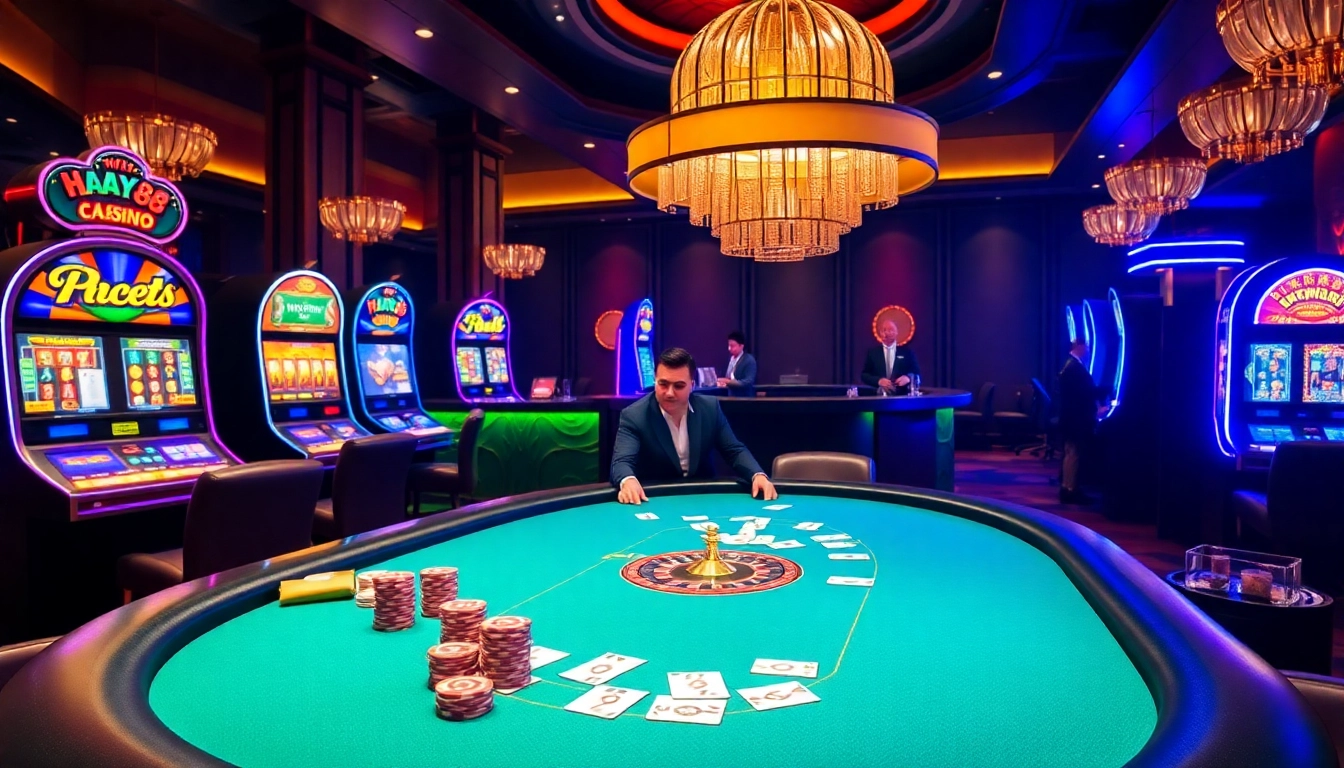 Exciting scene of players enjoying an elegant HAY88 casino experience with poker and roulette.