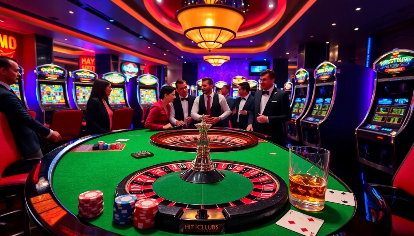 Experience excitement at https://hitclub1.cn.com/ with players thrilled by a luxurious roulette table and colorful slot machines.