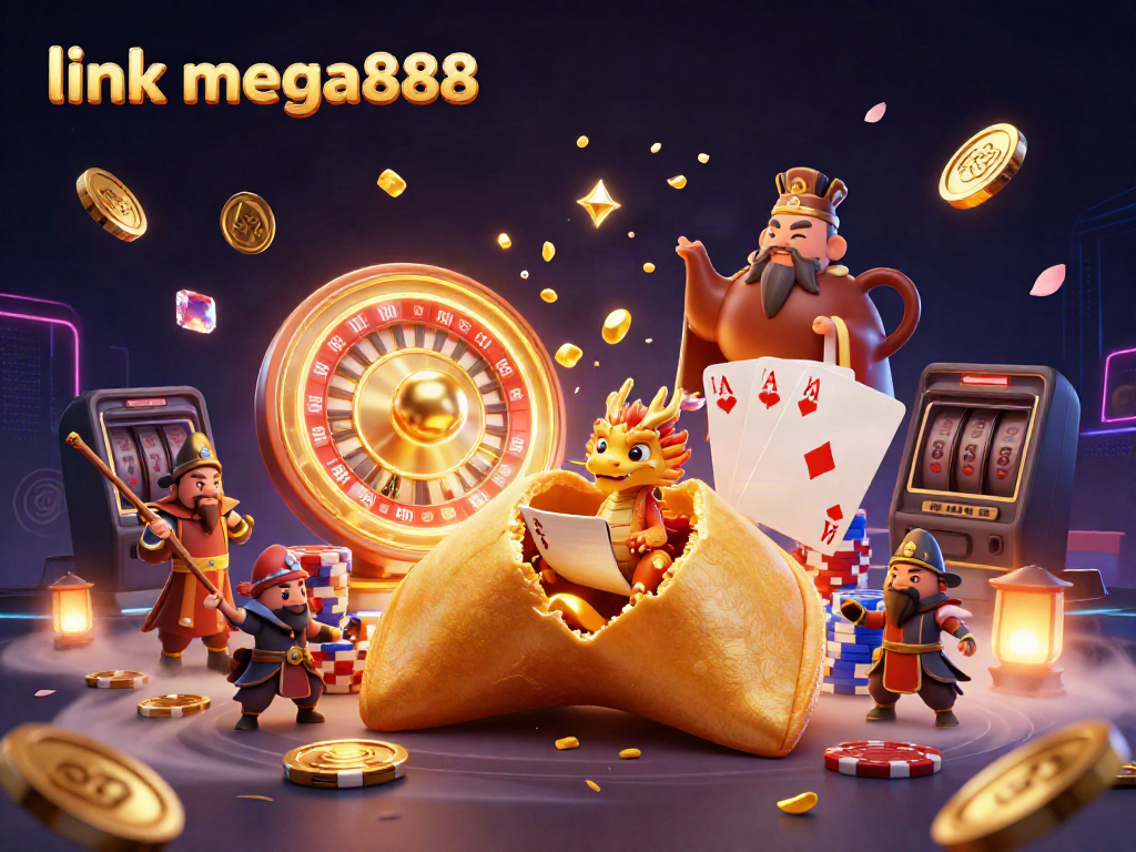Engage with link mega888 showcasing a vibrant golden fortune cookie in a 3D casino scene.