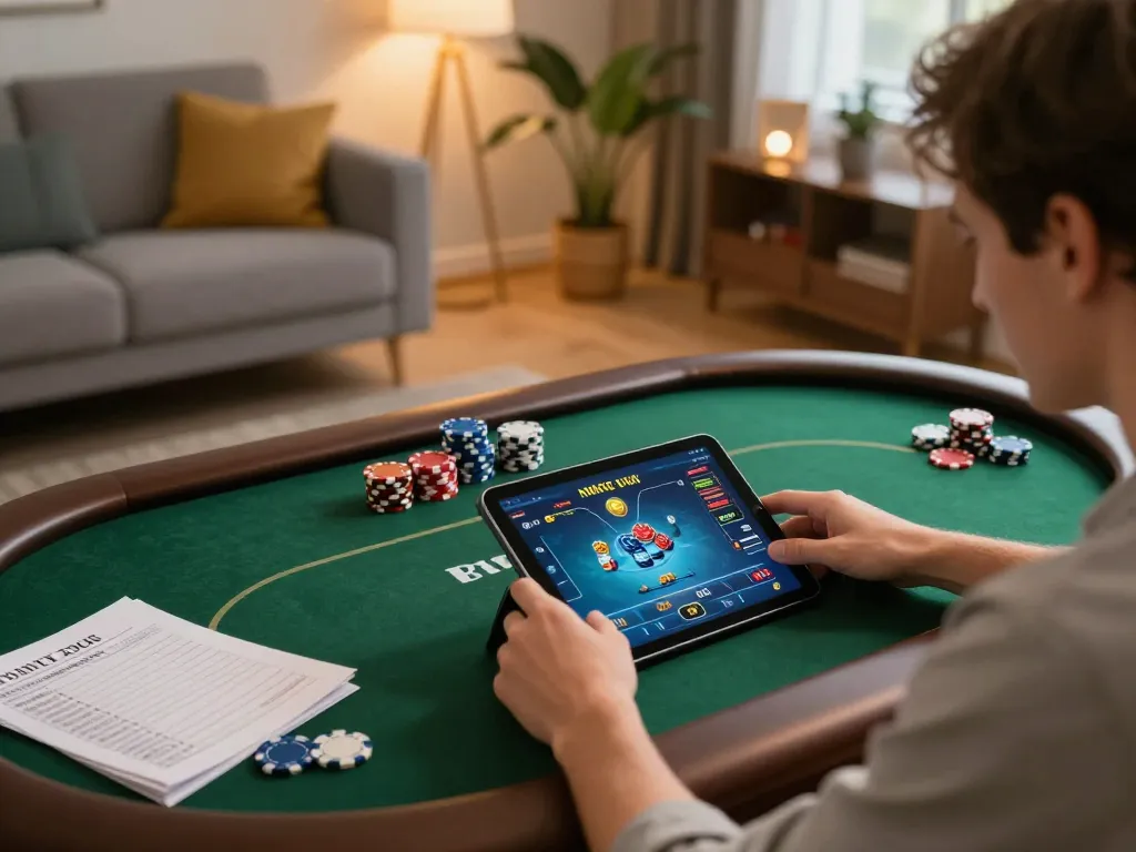 Engaging online gaming session with a focus on ทางเข้า m118 poker strategy and a cozy home atmosphere