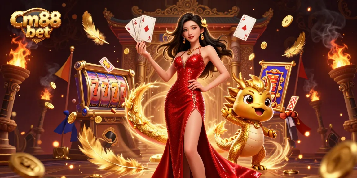 Bet and win at Cm88 bet with a stunning Asian dealer and golden dragon mascot, showcasing exciting casino elements.