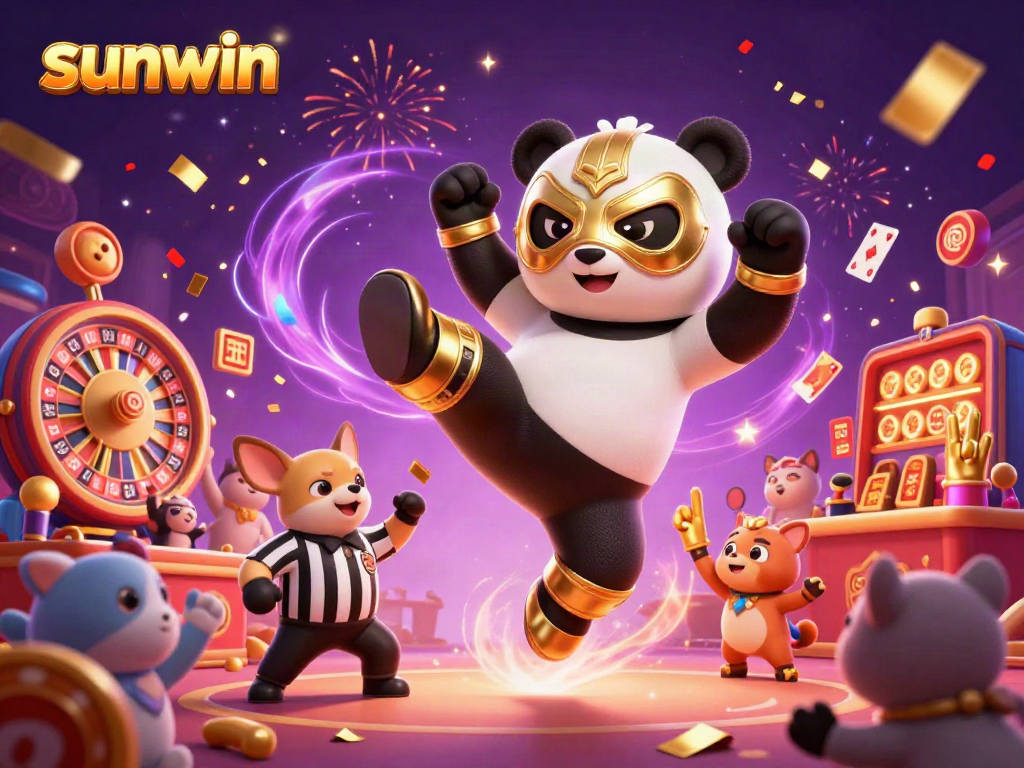 Experience thrilling gaming action with Sunwin's vibrant casino adventure featuring a panda wrestler and a energetic crowd.