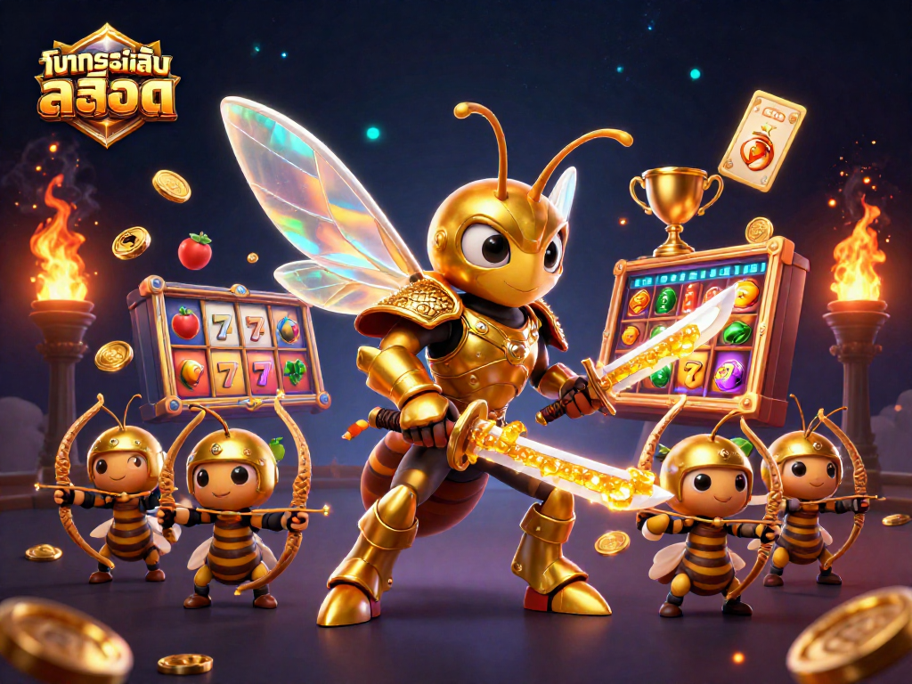 Play ทดลองเล่นสล็อต with an exciting 3D illustration of a hornet in samurai armor and slots elements.