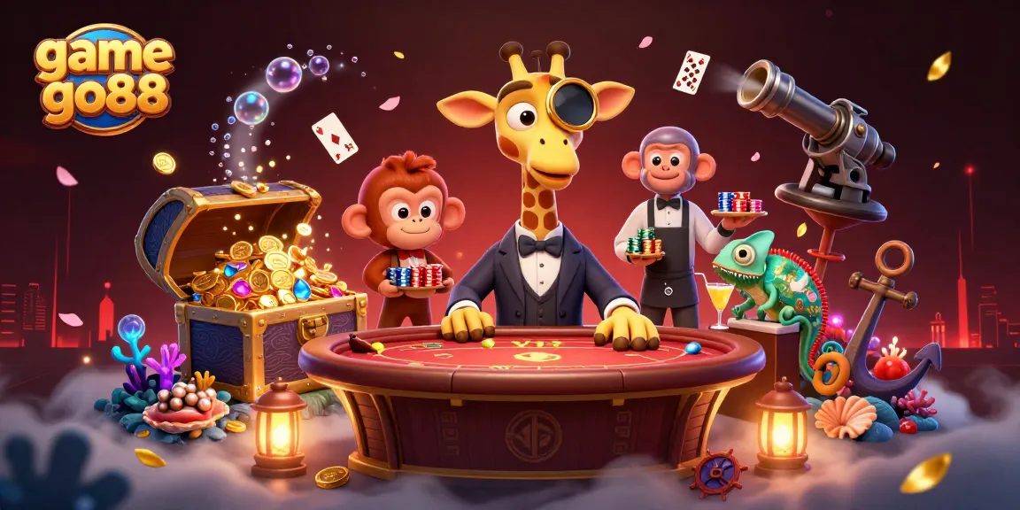 Play thrilling game go88 with a high-roller giraffe and colorful casino elements in a vibrant scene.