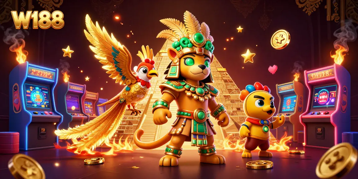 Engage with W188's vibrant gaming world showcasing classic and modern casino elements in a dynamic scene.