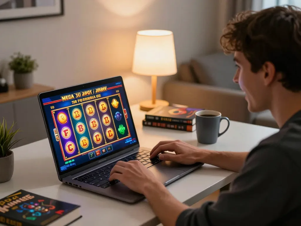 Engaging player enjoying mega slot gaming on laptop with vibrant graphics.