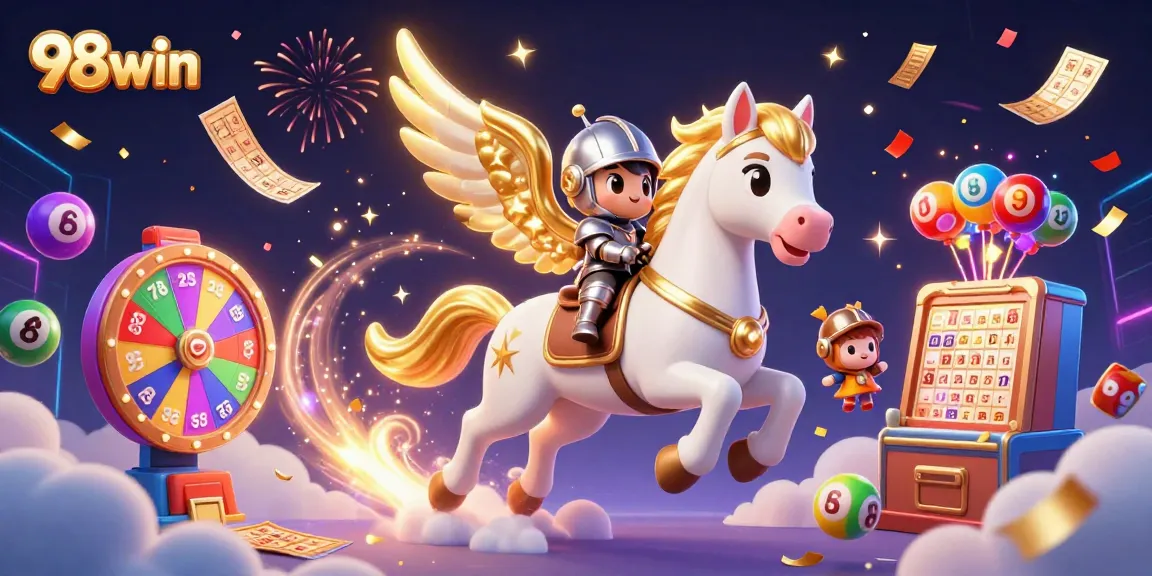 Experience dynamic gaming action with 98win's vibrant casino scene featuring colorful lottery elements.