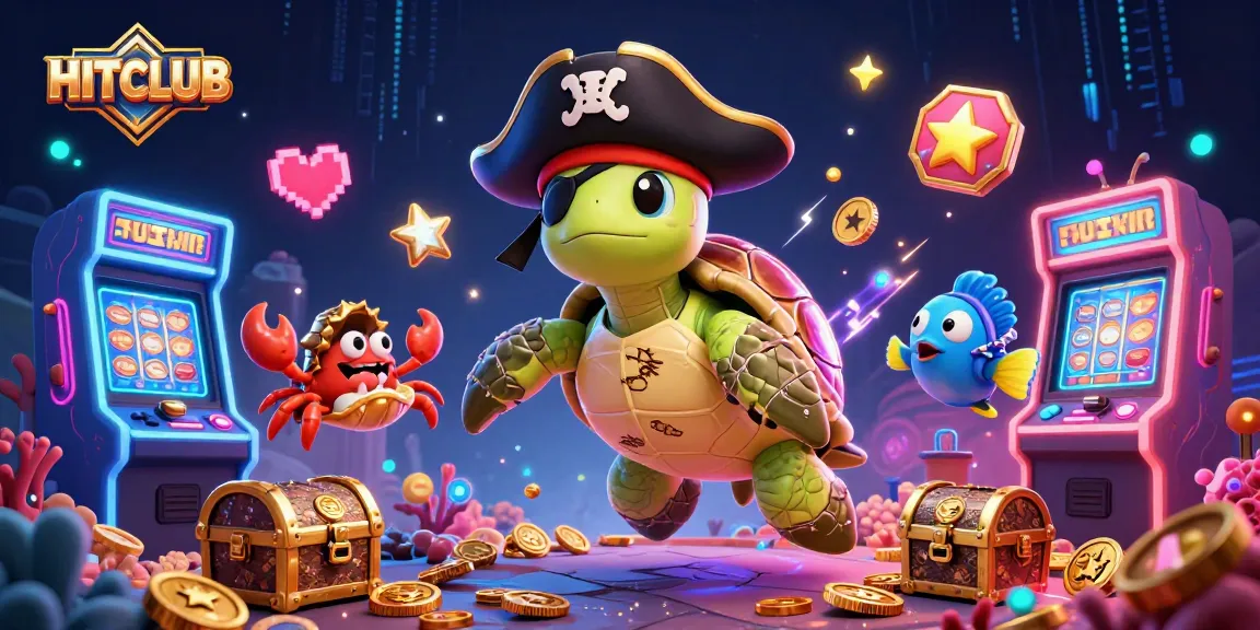 Engage with HITCLUB's vibrant underwater casino scene featuring a pirate turtle, hermit crab, and gaming elements.
