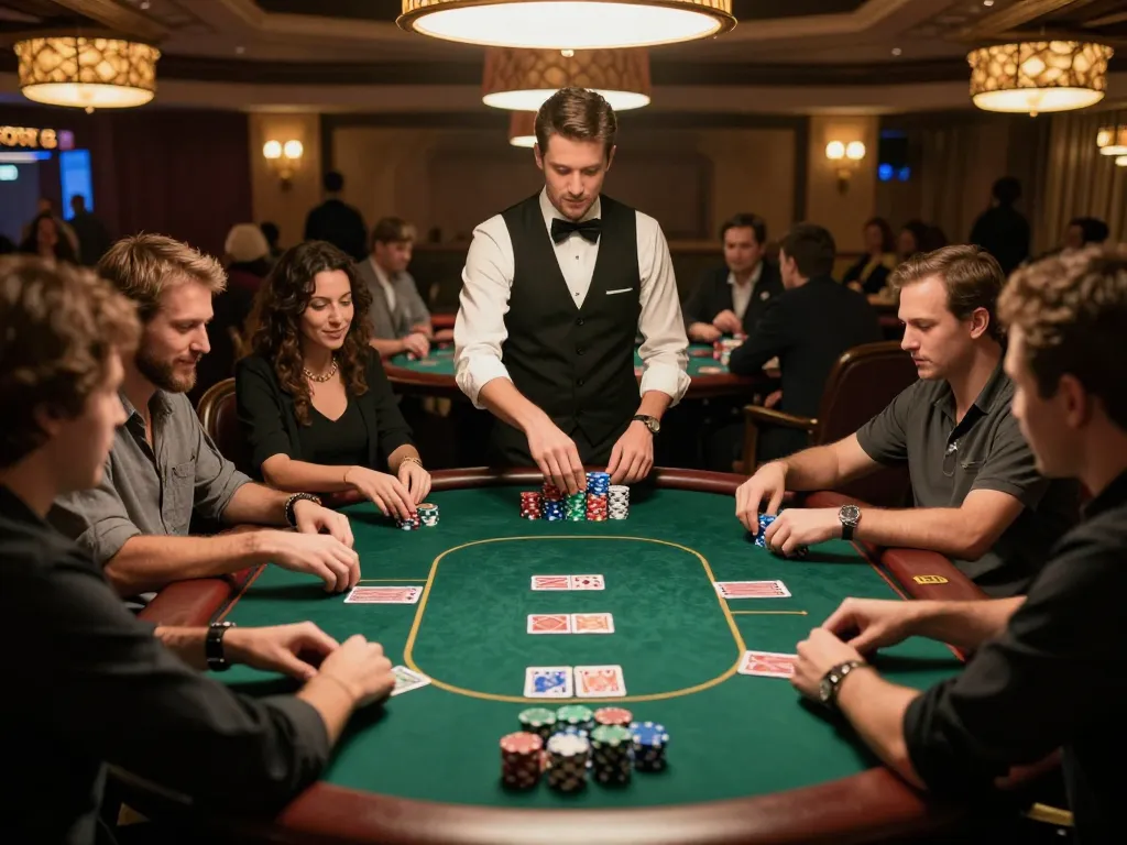 Players strategizing their bets at KONG 88 poker table with vibrant chips, creating a competitive yet friendly atmosphere