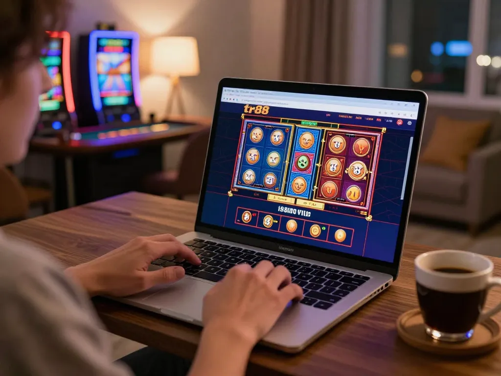 Engaging in tr88 online gaming with laptop shown, colorful casino interface visible, capturing home entertainment