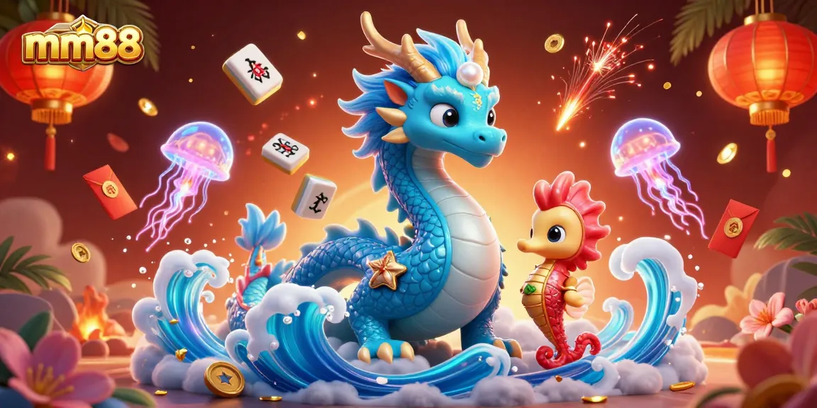 Engage mm88 players with a vibrant 3D casino scene featuring a dragon, seahorse, and floating gaming symbols.