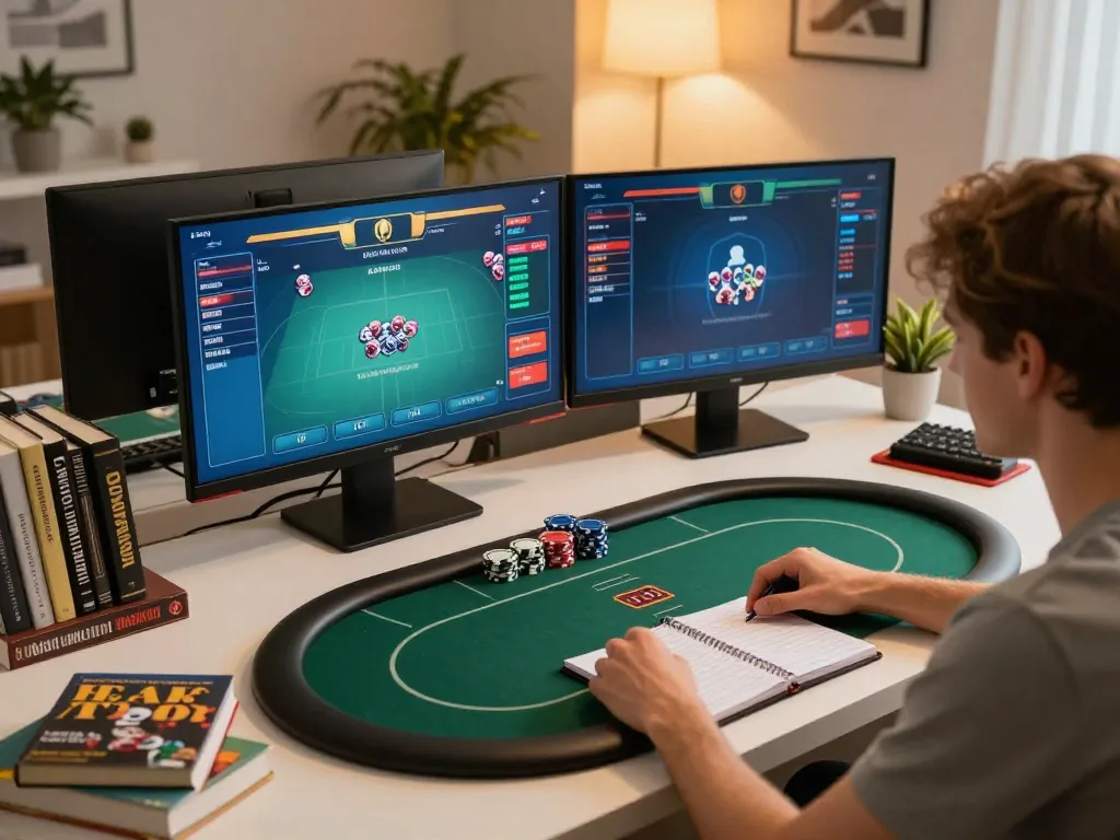 kuwin player strategizing in an elegant home gaming setup for online poker