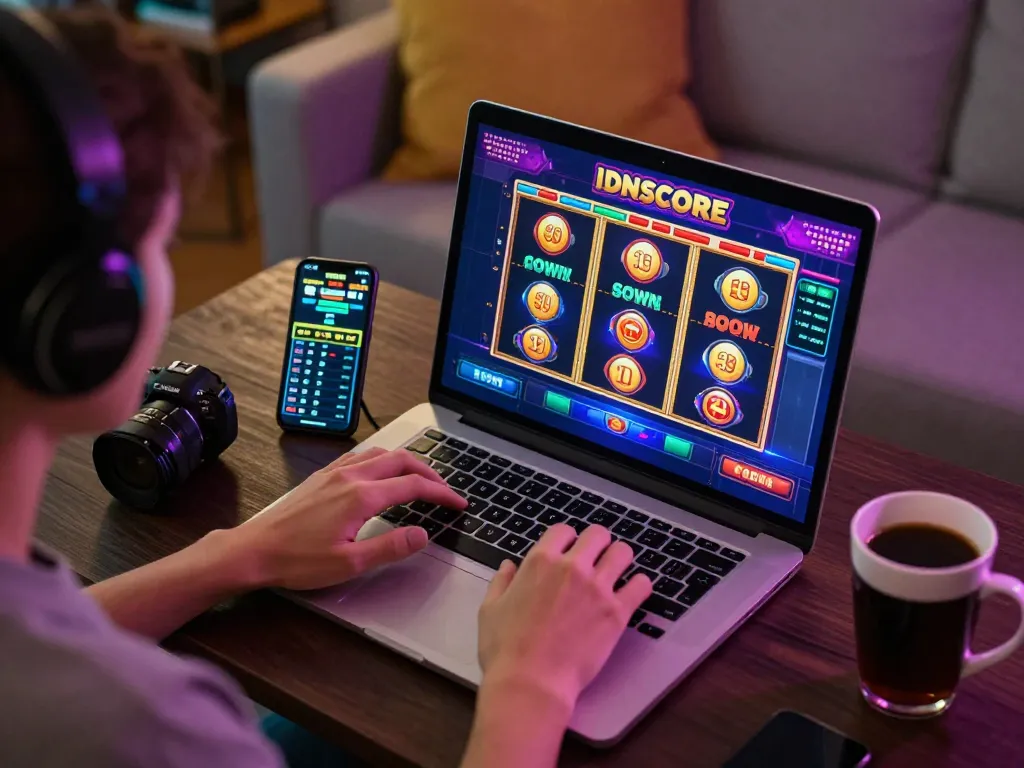 IDNSCORE online slot gameplay on laptop with engaging visual interface and cozy home setup.
